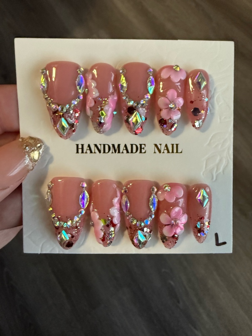 Handmade Pink 3D Floral & Rhinestone Press-On Nails